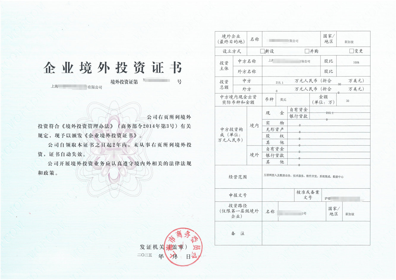 上海境外投资（ODI）商务证书